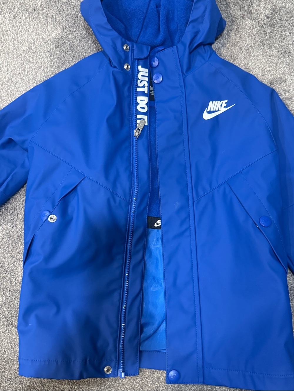 Nike Boys Blue Hooded Rain Jacket with White Logo